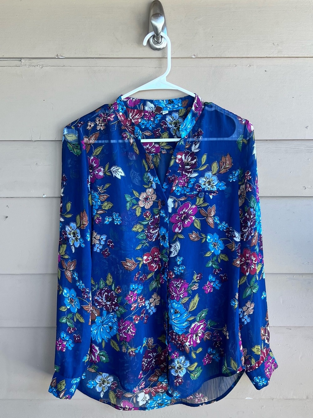 KUT from the Kloth Floral Sheer Button Down Shirt Blue Pink XS Long Sleeve